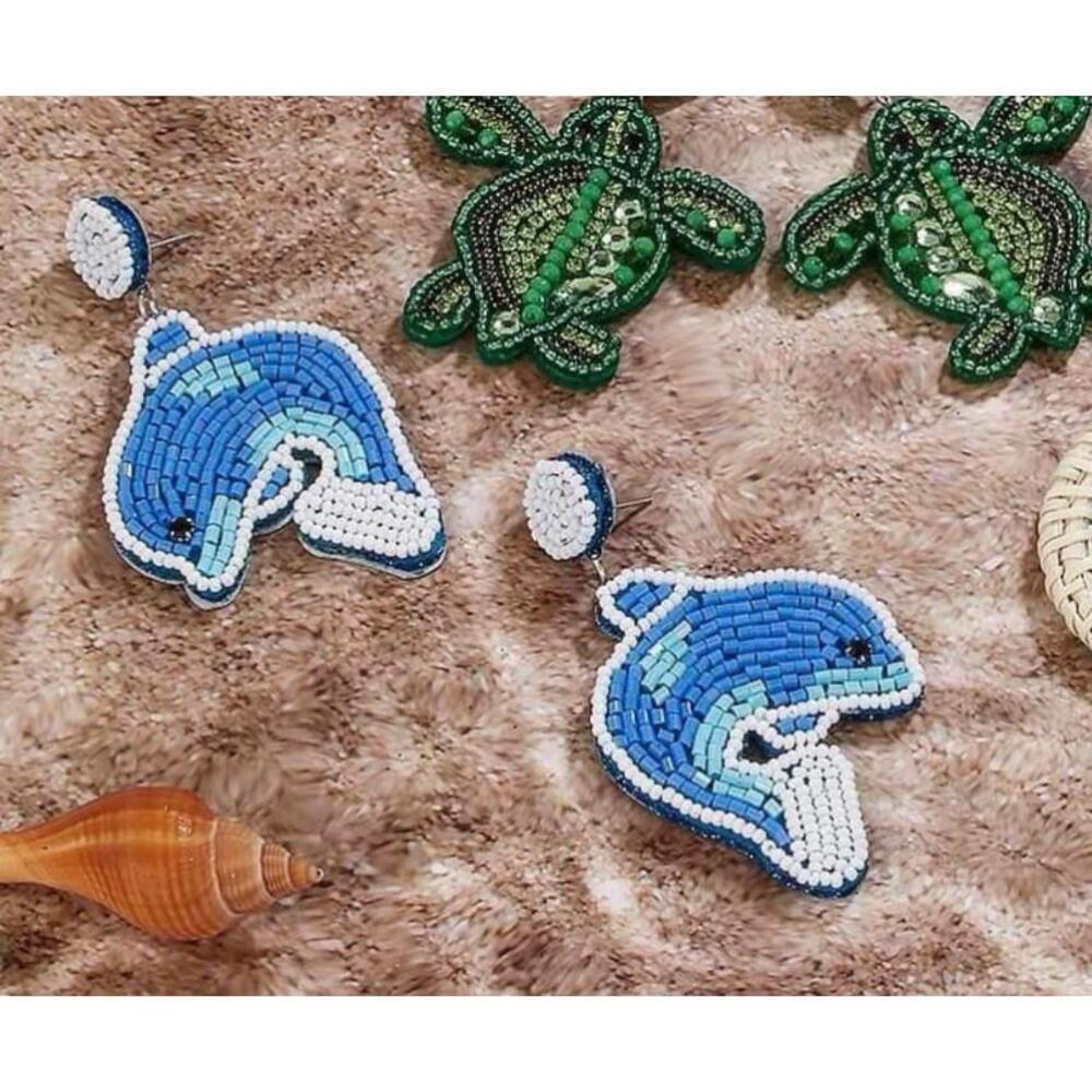 Beaded Studs with Beaded Dolphin Dangle Earrings